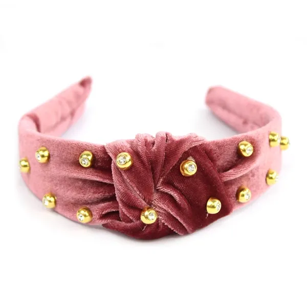 Tiara Turbante com Nó em Veludo com Strass Rosê Escuro