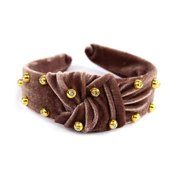 Tiara Turbante com Nó em Veludo com Strass Marrom Claro