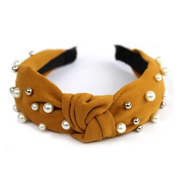 Tiara Turbante com Nó e Pérolas Mostarda