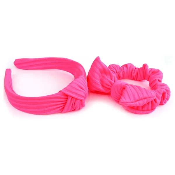 Kit Tiara Turbante com Nó e Elástico Neon Rosa