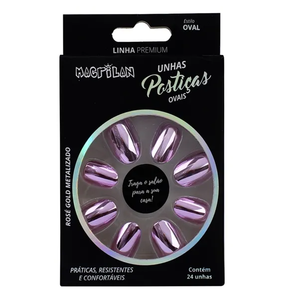 Unhas Postiças Rosê Gold Metalizado Oval Macrilan
