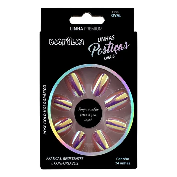 Unhas Postiças Rosê Gold Holográfico Oval Macrilan
