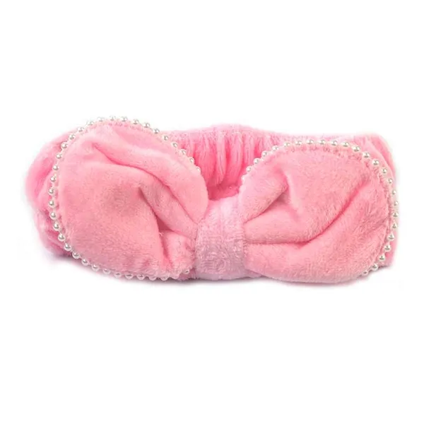 Faixa para Maquiagem Laço com Pérolas Rosa Bebê