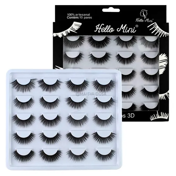 Caixa 10 Pares de Cílios Postiços Volume 3D Hello Mini