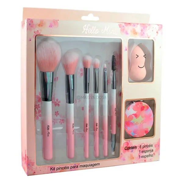 Kit de Pincéis para Maquiagem com Esponja e Espelho Hello Mini