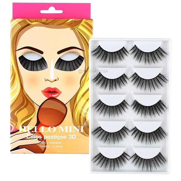 Caixa 05 Pares de Cílios Postiços Volume 3D-49 Hello Mini