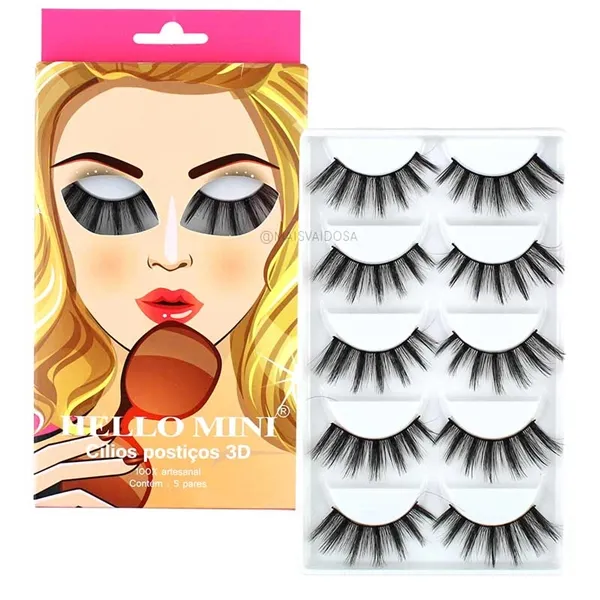 Caixa 05 Pares de Cílios Postiços Volume 3D-16 Hello Mini