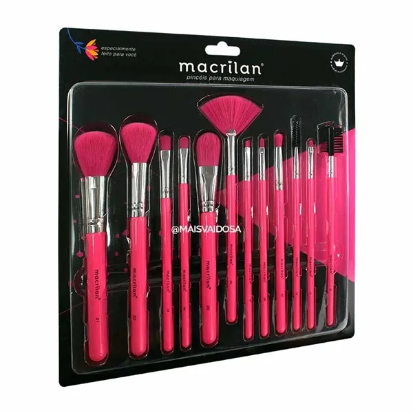 Kit com 12 Pincéis para Maquiagem Rosa Neon Macrilan