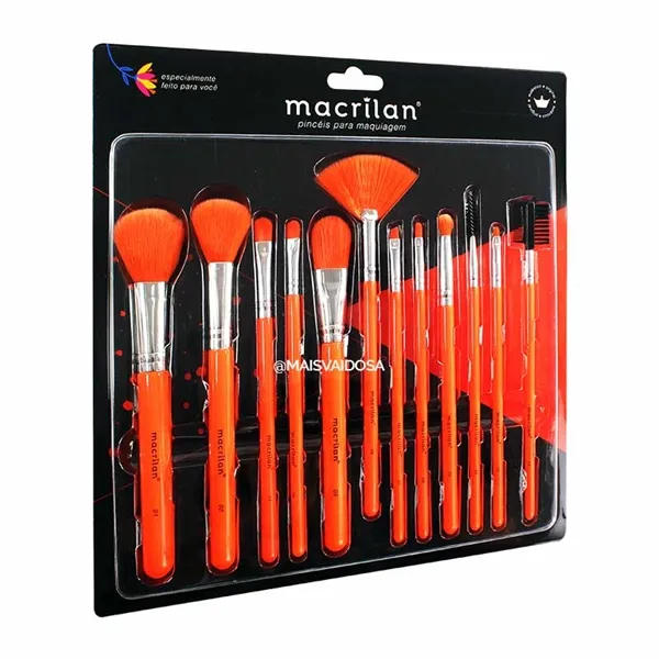 Kit com 12 Pincéis para Maquiagem Laranja Neon Macrilan