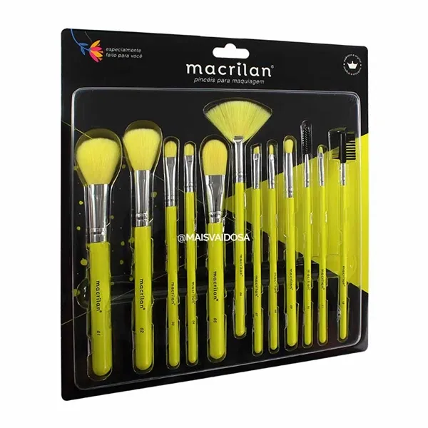 Kit com 12 Pincéis para Maquiagem Amarelo Neon Macrilan