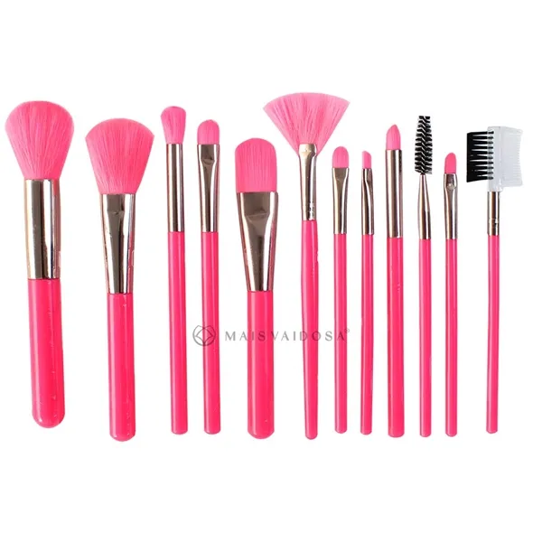 Kit com 12 Pincéis para Maquiagem Rosa Neon Ruby Anjo