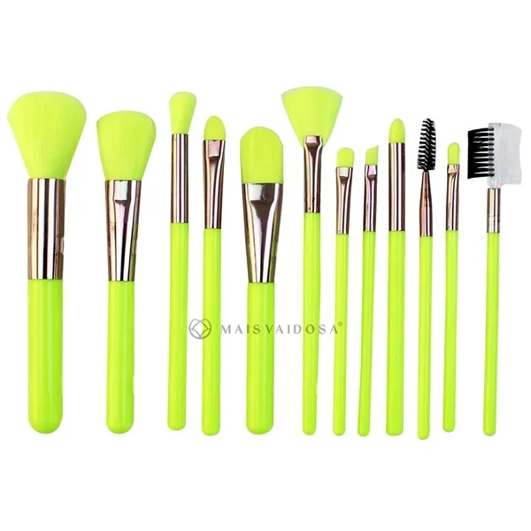 Kit com 12 Pincéis para Maquiagem Amarelo Neon Ruby Anjo