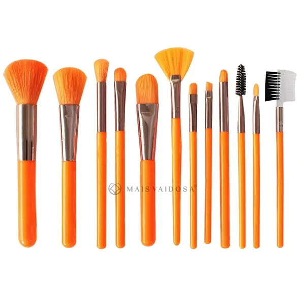 Kit com 12 Pincéis para Maquiagem Laranja Neon Ruby Anjo