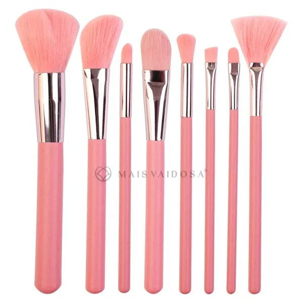 Kit com 08 Pincéis para Maquiagem Rosa Ruby Anjo