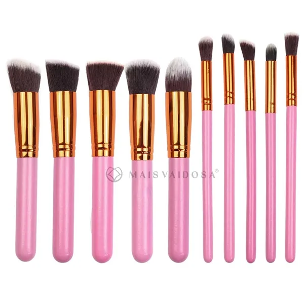 Kit com 10 Pincéis Kabuki e de Precisão Rosa
