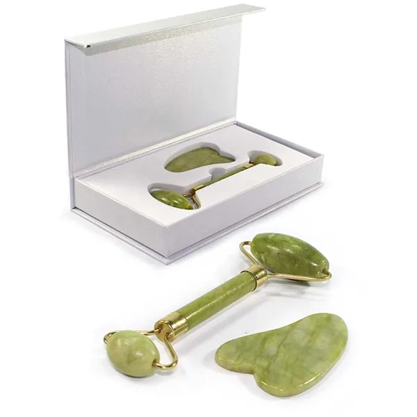 Rolo Pedra De Jade + Placa Gua Sha Massagem Facial Anti Rugas