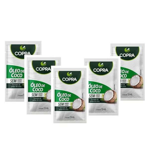 Kit C/05 Óleo de Coco Copra Sache 15ml Sem Sabor e Sem Cheiro