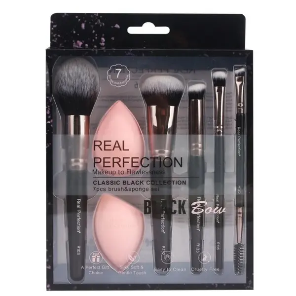 Kit de Pincéis e Esponja Real Perfection – 7 peças | Classic Black Collection