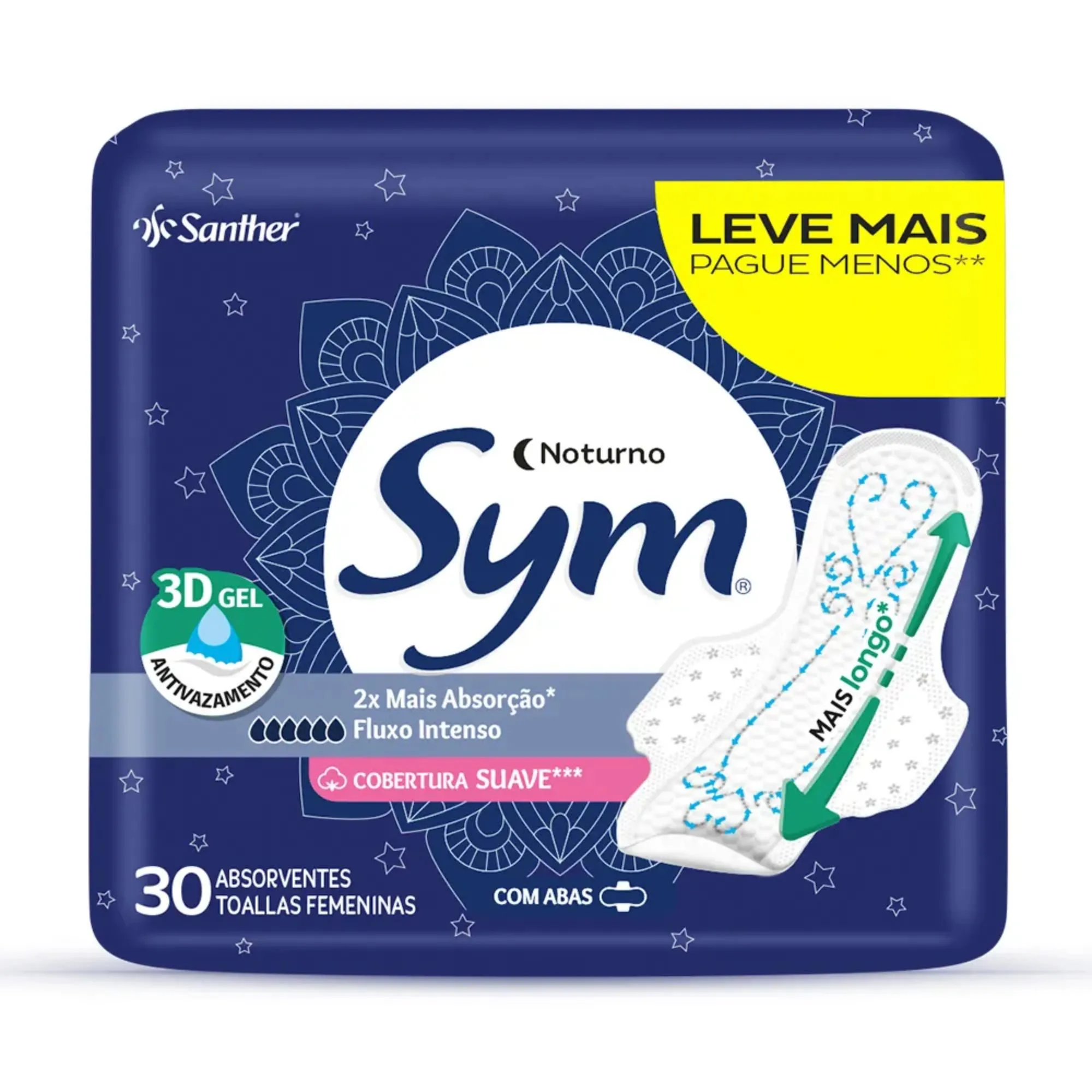 Absorvente Noturno Sym Premium Suave Com Abas 30 Unidades