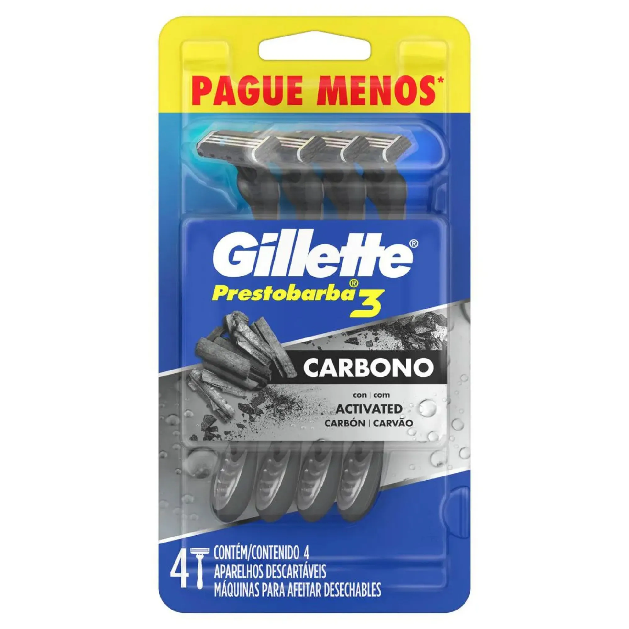 Aparelho De Barbear Descartável Gillette Prestobarba 3 Carvão Ativado 4 Unidades