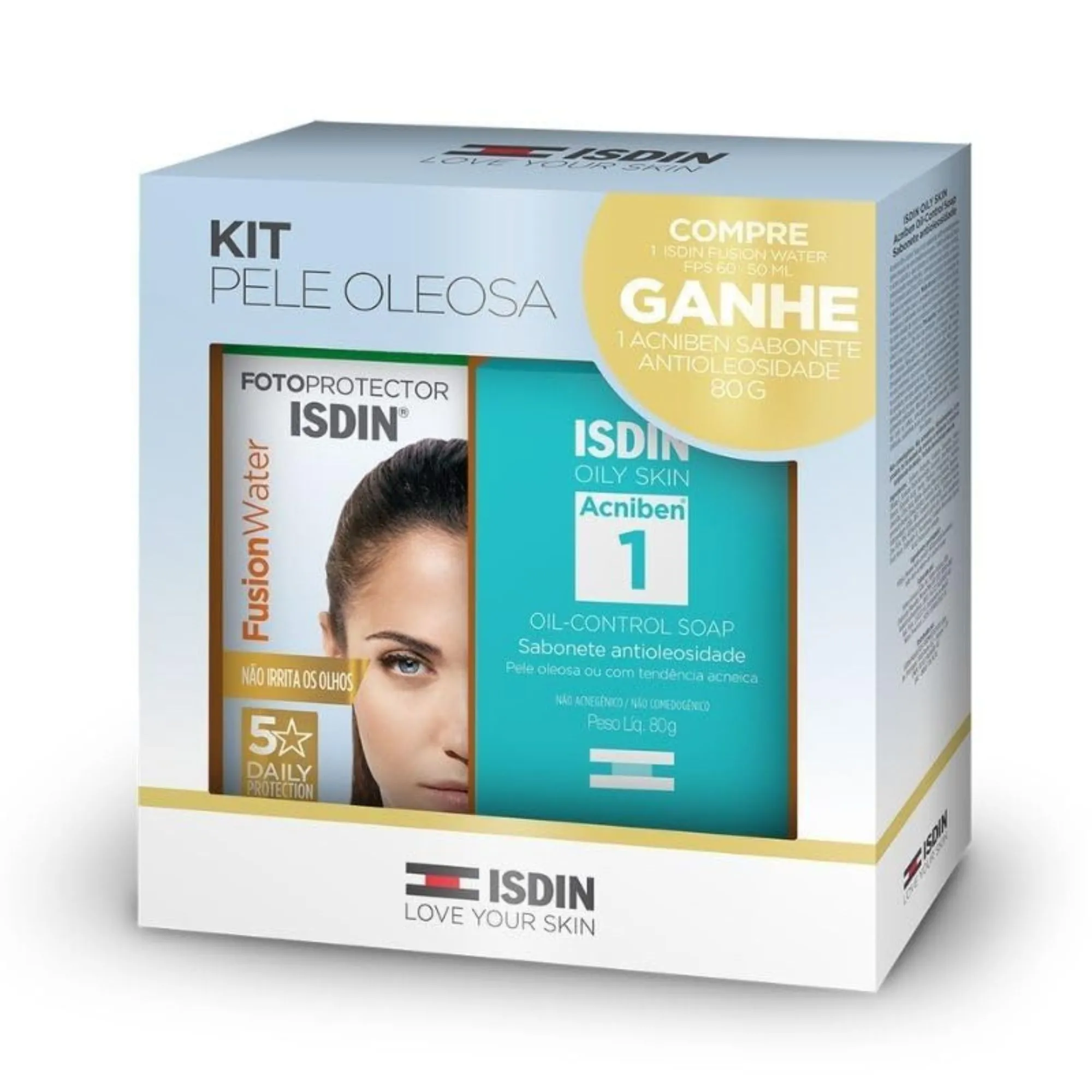 Kit Isdin Protetor Solar Fusion Water 50ml + Sabonete Acniben Antioleosidade 80g