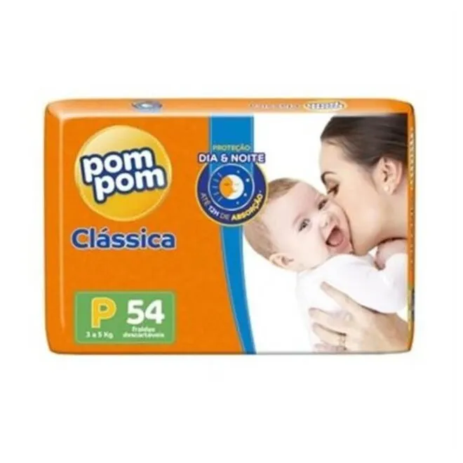 Fralda Descartável Infantil Pom Pom Clássica P Pacote 54Un