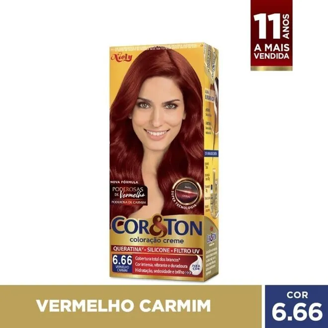 Kit Tintura Cor & Ton 6.66 Louro Escuro Vermelho 180g NIELY