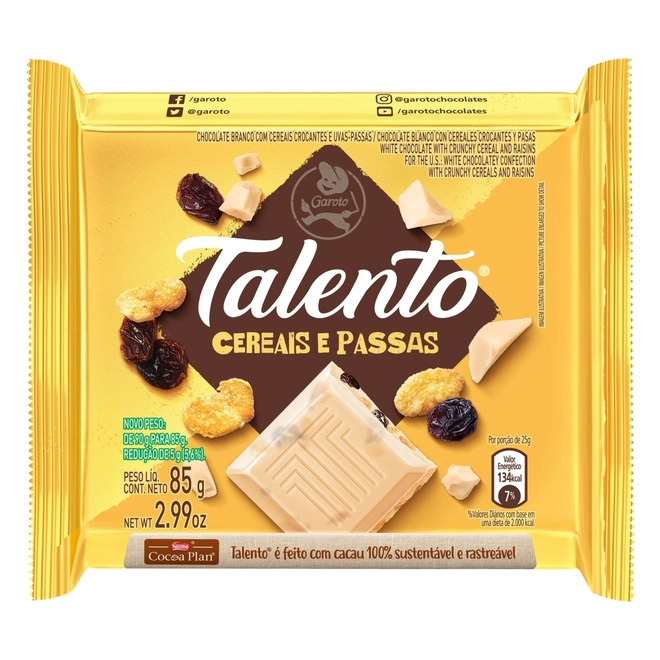 Chocolate Talento Cereais E Passas 85g - GAROTO