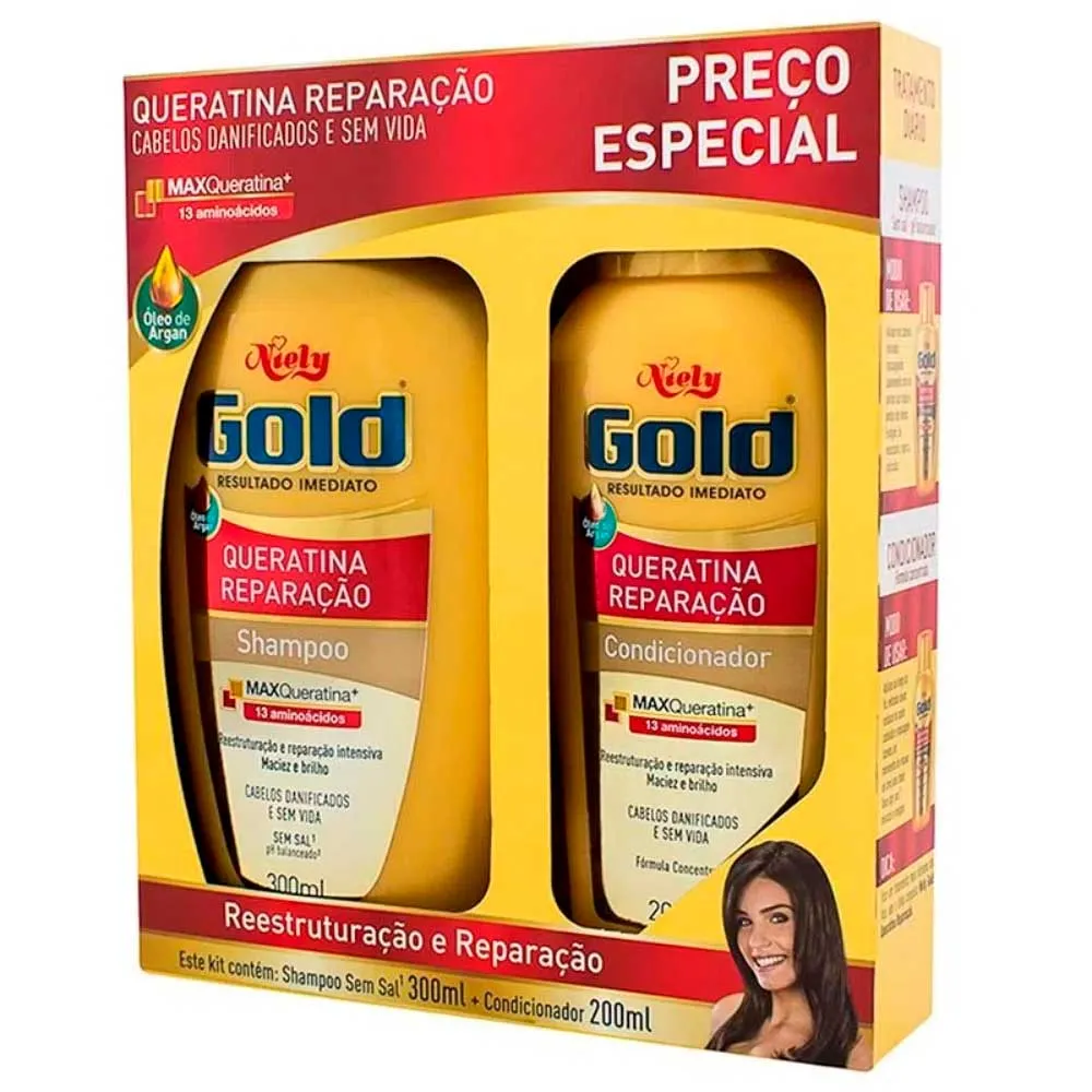 Kit Niely Gold Queratina Reparação Shampoo 300ml + Condicionador 200ml