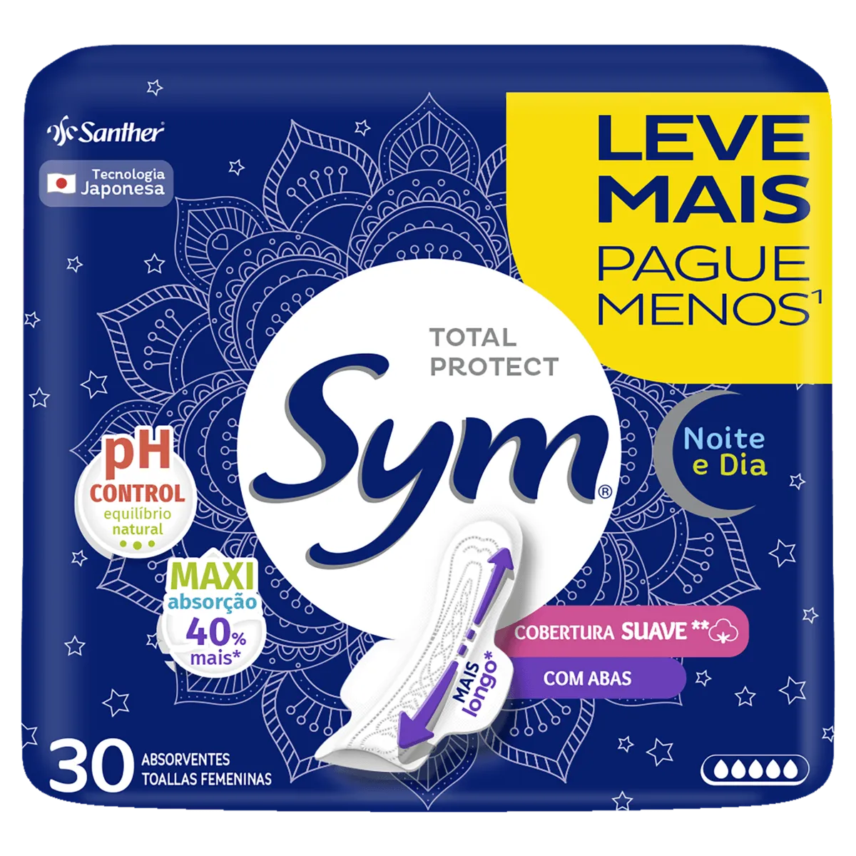 Absorvente Sym Noite & Dia Cobertura Suave Com Abas Com 30 Mais Por Menos