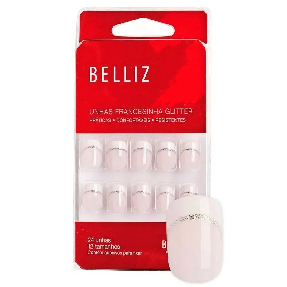 Unhas Postiças Belliz Francesinha Glitter 24 Unidades