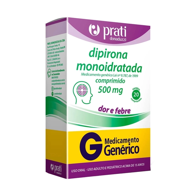 Dipirona Monoidratada 500Mg 20 Comprimidos Prati Donaduzzi G
