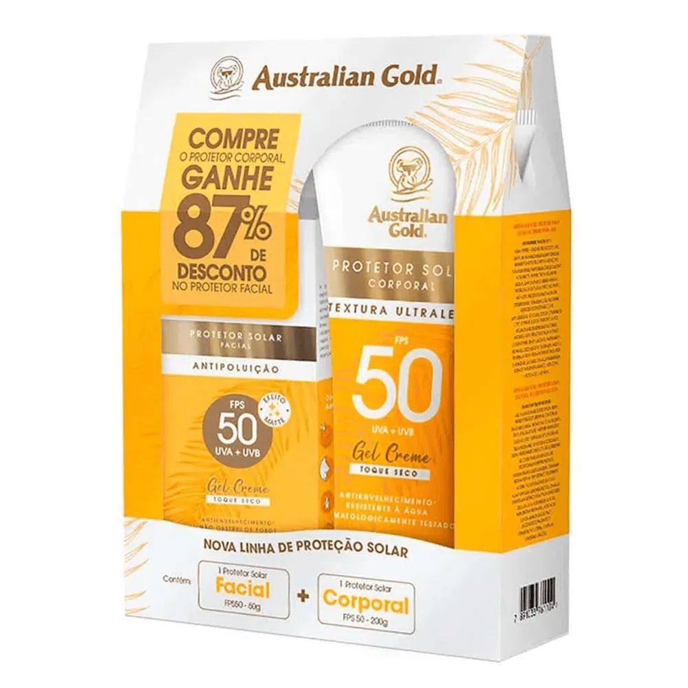 Kit Australian Gold Protetor Solar Gel Corporal + Facil Fps50 200g/50g