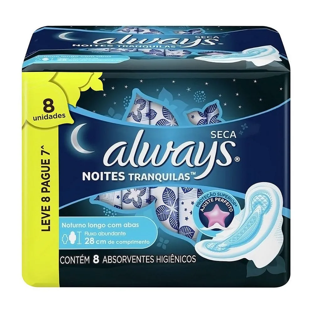 Absorvente Always Noites Tranquilas Cobertura Seca Abas Com 8Un