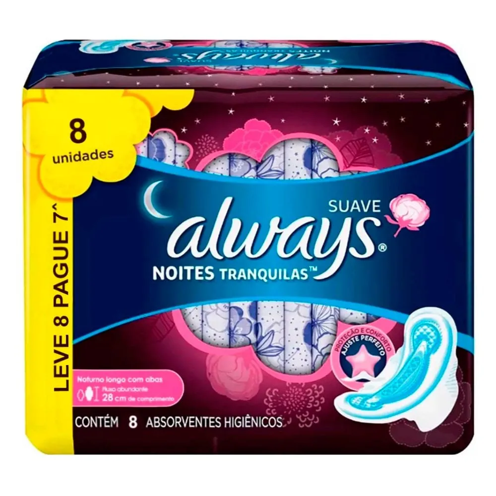 Absorvente Always Noites Tranquilas Cobertura Suave Com Abas 28cm Leve 8 Pague 7