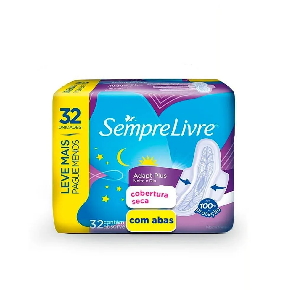 Absorvente Sempre Livre Adapt Plus Noite e Dia Cobertura Seca Com Abas com 32 unidades
