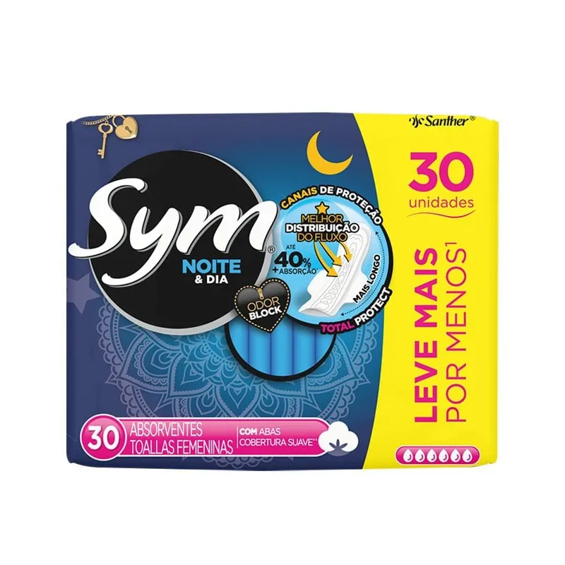 Absorvente Sym Noite e Dia suave, com abas, pacote com 30 unidades