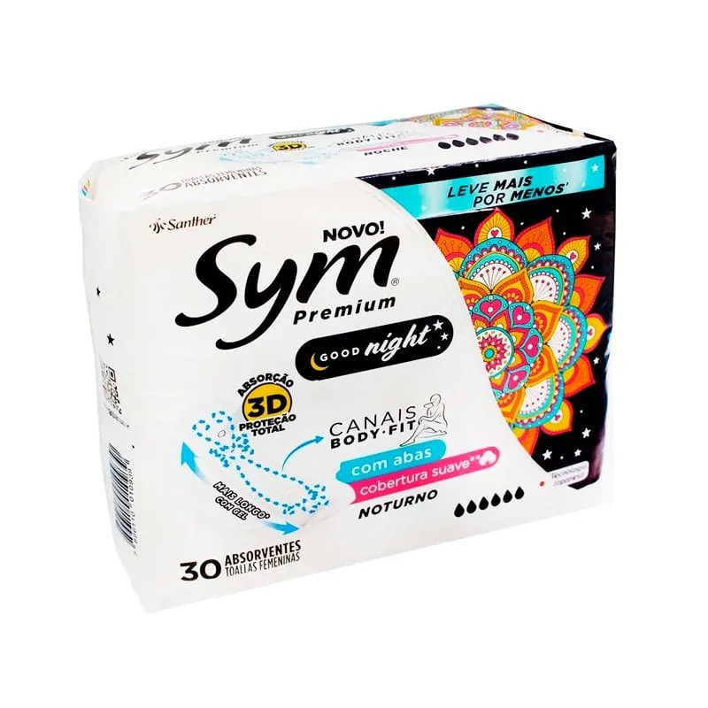 Absorvente Sym Premium Good Night suave, com abas, pacote com 30 unidades