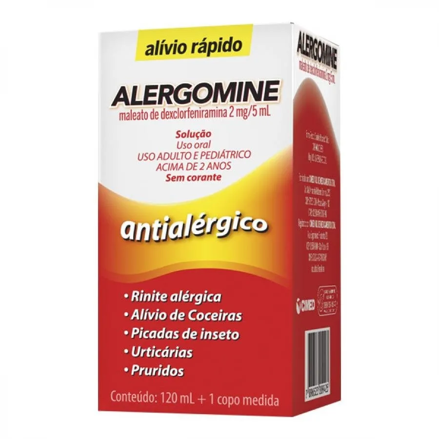 Alergomine Solução Oral 0,4mg/mL, caixa com 1 frasco com 120mL de solução de uso oral + copo medidor