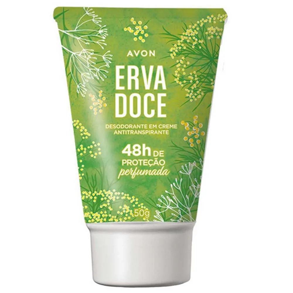 Avon Desodorante em Creme Antitranspirante Erva Doce 50g - val. 01/2028O Desodorante Creme Erva Doce oferece proteção antitranspirante por 48 horas, combatendo eficazmente o suor e o odor. Seu tubo com aplicador cônico torna a aplicação fácil e higiênica.