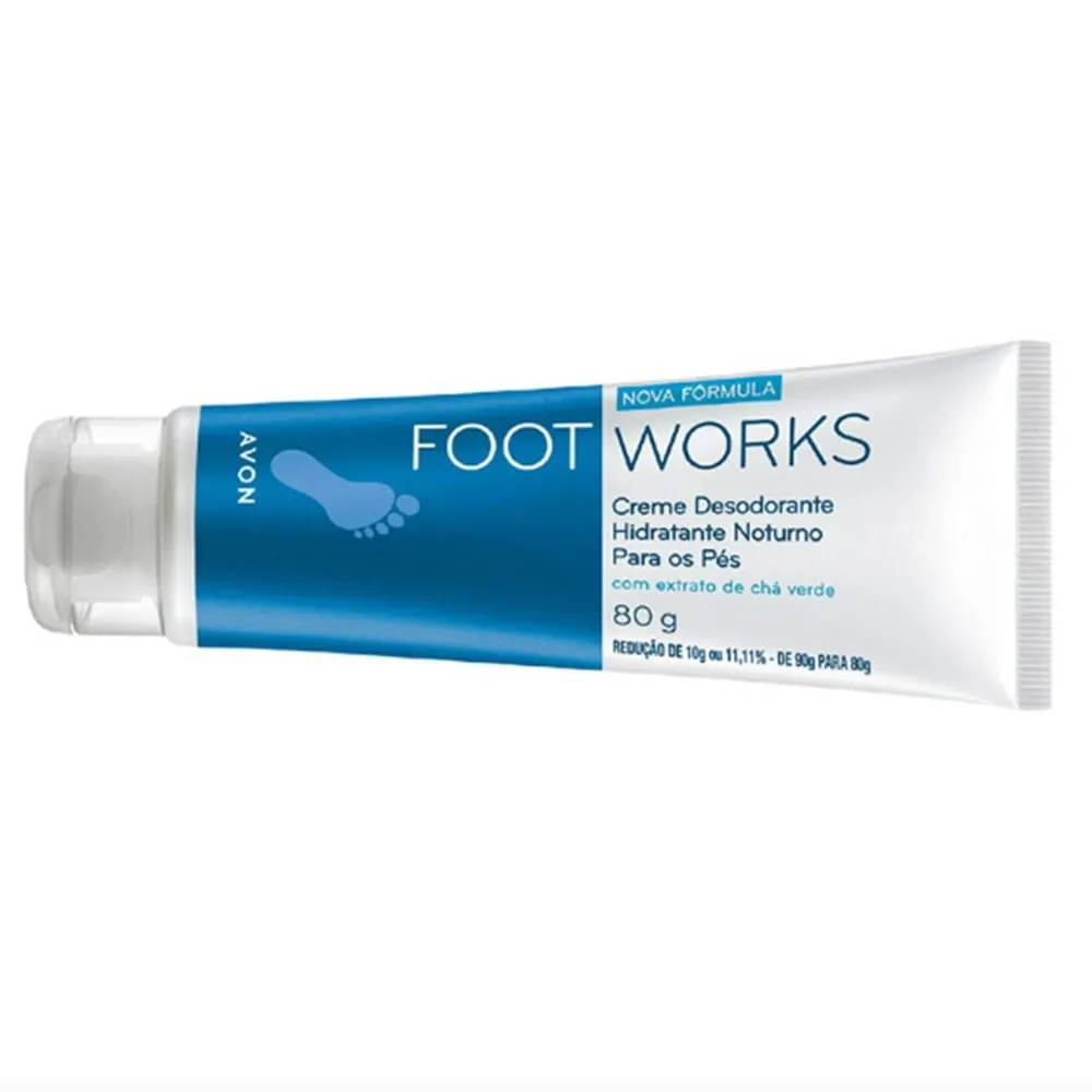 Avon Foot Works Creme Desodorante Hidratante Noturno para os Pés 80 GFoot Works é uma marca que acredita que os seus pés merecem um cuidado especial, por isso, pensou no Creme Desodorante Hidratante Noturno Foot Works 90g com Extrato de Chá Verde para os P
