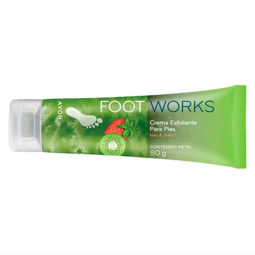 Avon FootWorks Avon Creme Esfoliante para os Pés com Kiwi e Morango 80g - VALIDADE 05/2027Que tal esfoliar os pés após o banho? Aplique na pele ainda úmda, fazendo uma massagem. Depois é só enxaguar no chuveiro e curtir seus pés lisinhos e macios. Esfoliar