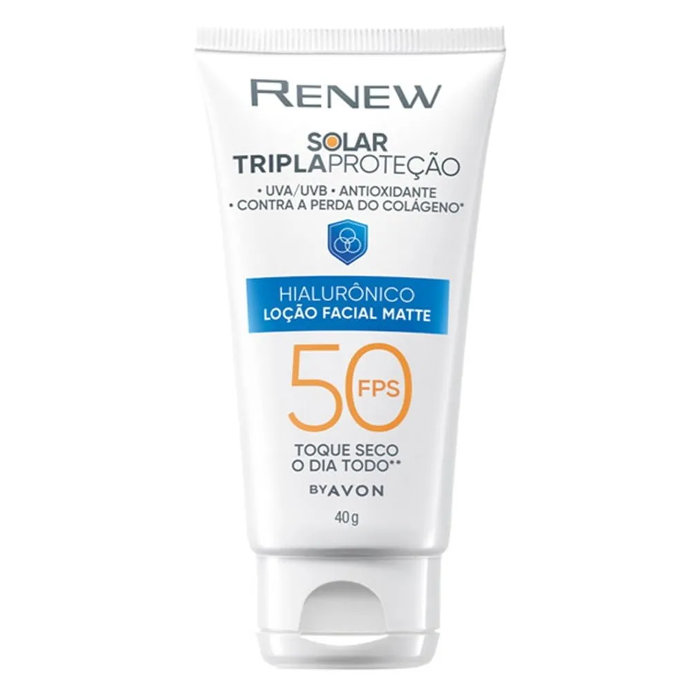 Renew Solar Advance Matte com Ácido Hialurônico* FPS 50 ajuda a proteger e evitar que sua pele sofra os efeitos nocivos do sol agora e no futuro. Auxilia na prevenção de queimaduras solares e envelhecimento prematuro da pele.Possui uma fórmula não oleosa,