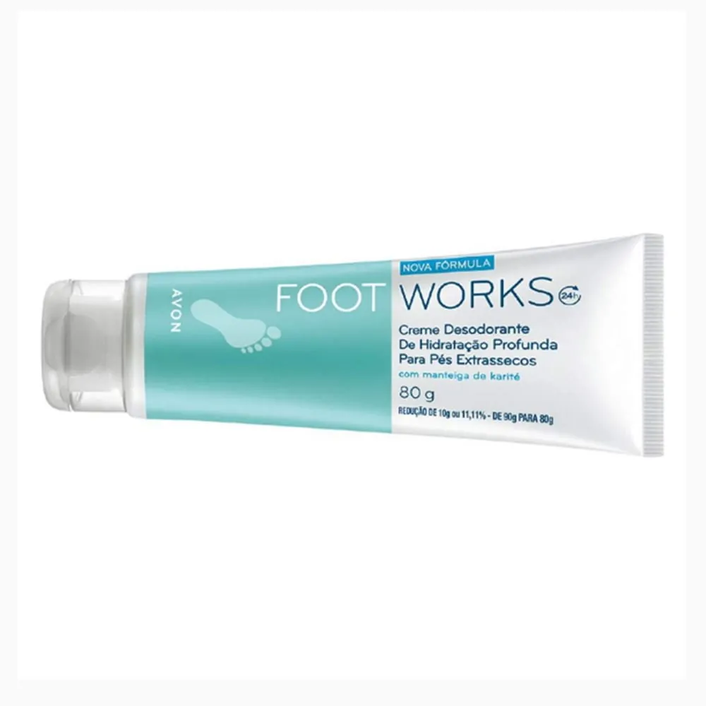 Foot Works Creme de Hidratação Profunda para Pés Extrassecos Manteiga de Karité 80g - VALIDADE 11/2025O creme de Hidratação Profunda para Pés Muito Secos e/ou Extrassecos de Foot Works Avon possui uma fórmula rica em MANTEIGA DE KARITÉ, Glicerina e Semente
