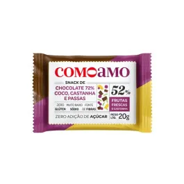 Snack Chocolate 72% Coco Castanhas e Passas - Como Amo Zero Açúcar e Zero Glúten 20g