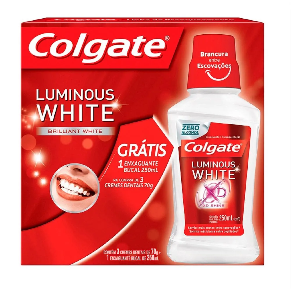 Creme Dental Colgate Luminous White 70g 3Un + Grátis Enxaguante Bucal 250ml
