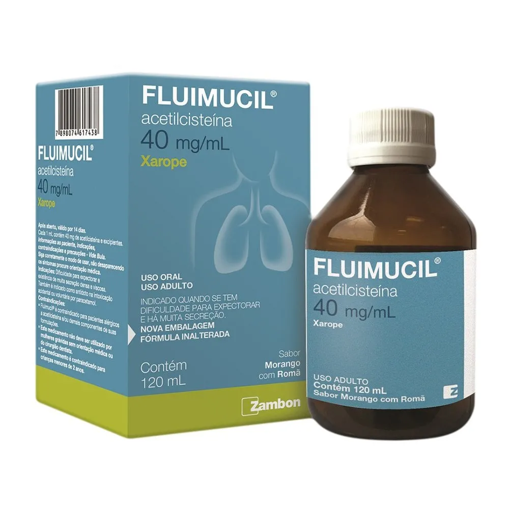 Fluimucil Xarope 40mg, xarope, frasco com 120ml adulto + copo dosador, morango com romã