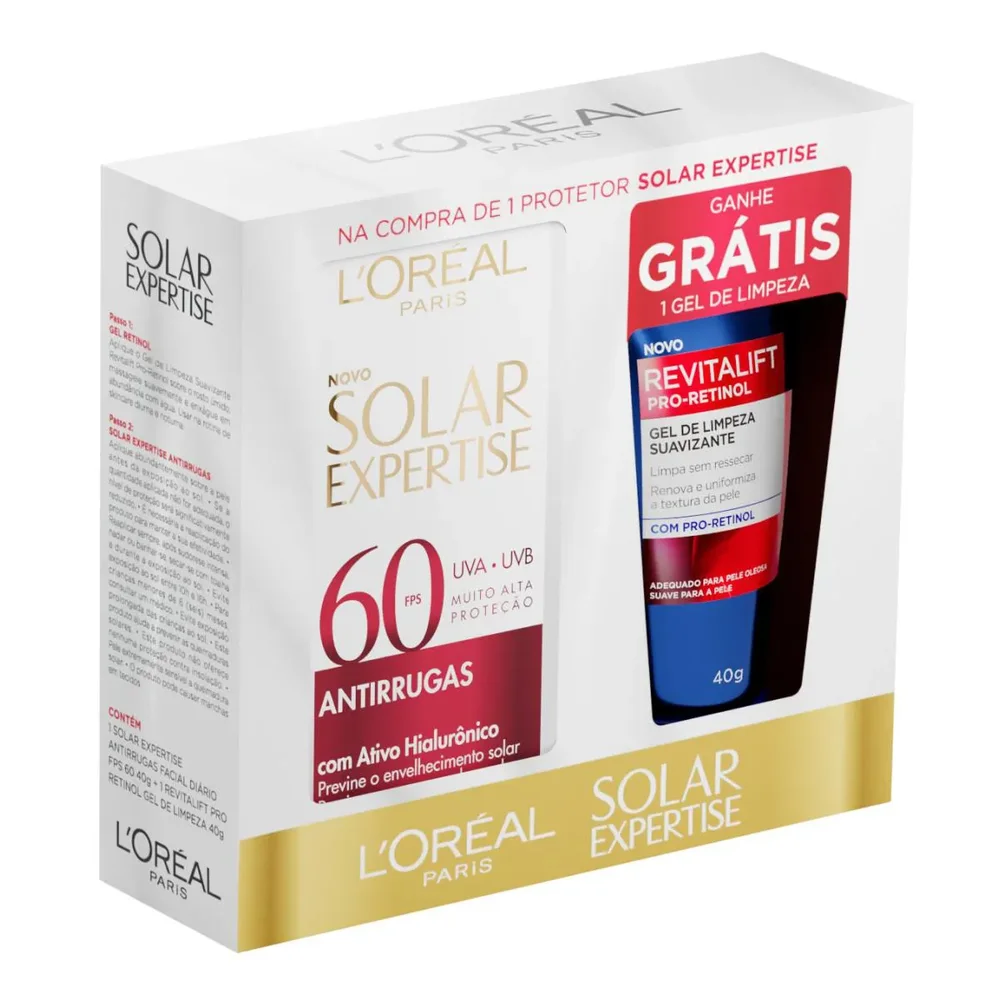 Kit L'Oréal Protetor Solar Expertise Antirrugas FPS 60 40g + Gel de Limpeza Revitalift Pro-Retinol 40g