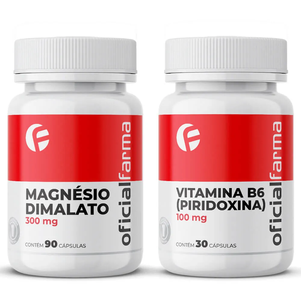 Magnésio Dimalato 300mg 90 Cápsulas + Vitamina B6 (Piridoxina) 100mg 30 Cápsulas