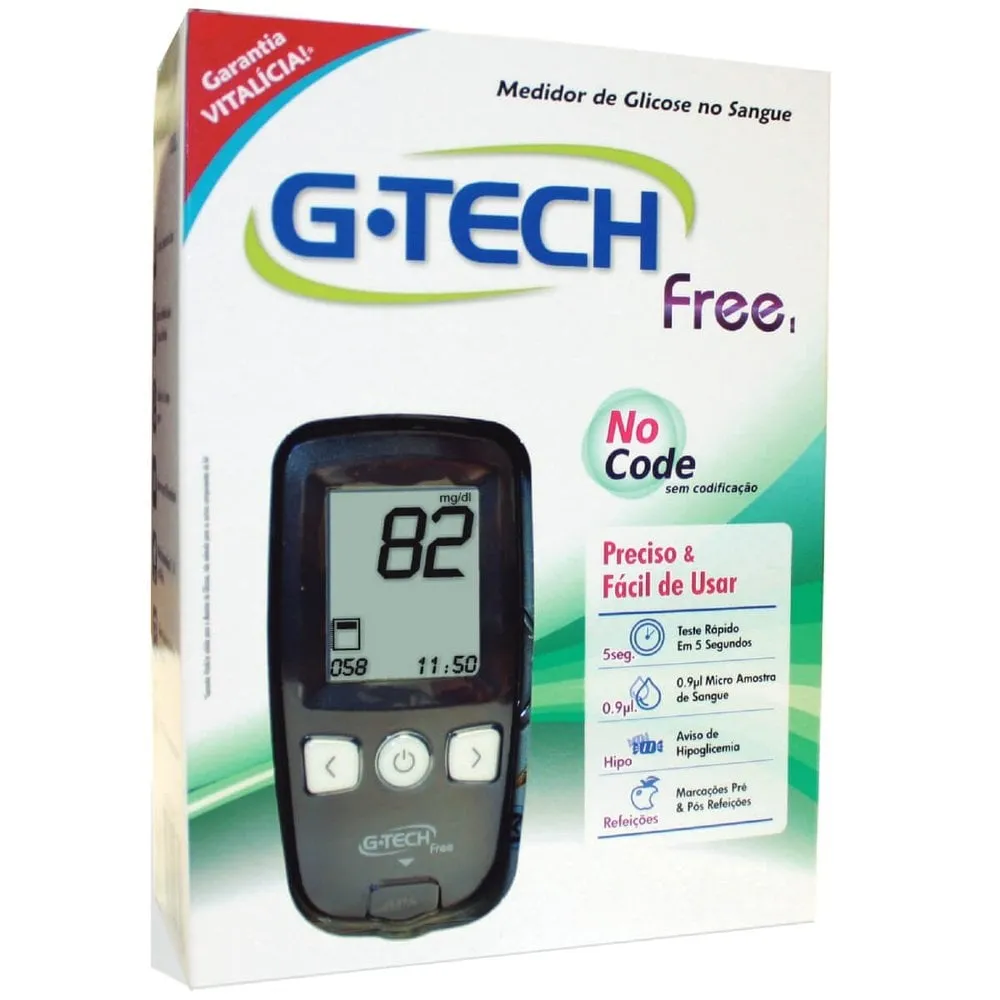 Kit Medidor de Glicose G-Tech Free 1 1 Medidor de Glicose + 1 Lancetador + 10 Tiras de Teste + 10 Lancetas + 1 Estojo
